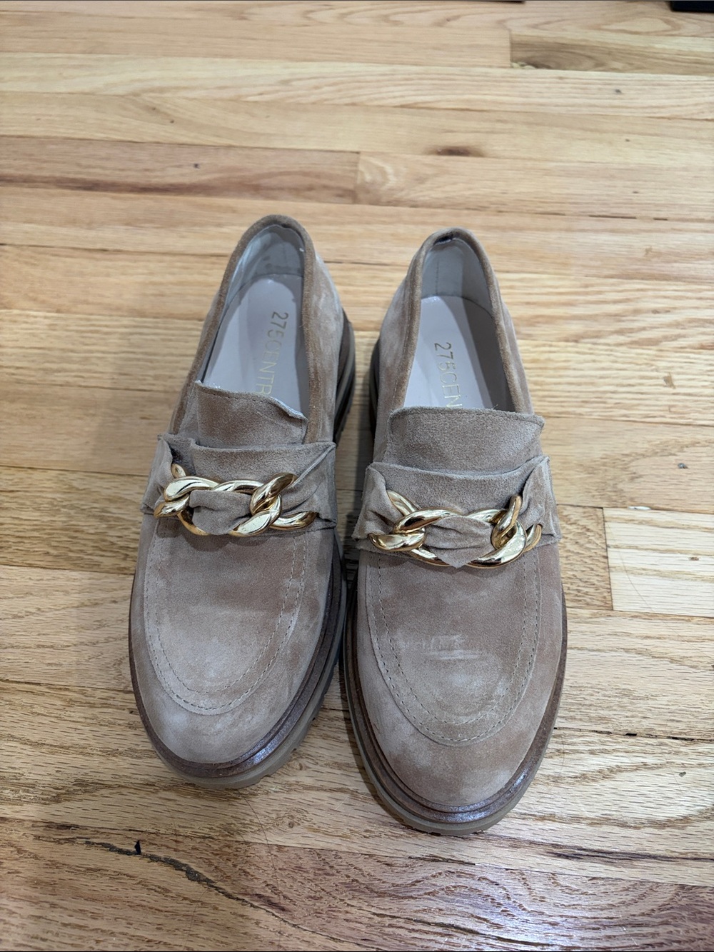 Women's Taupe Suede Chain-Trim Loafers
